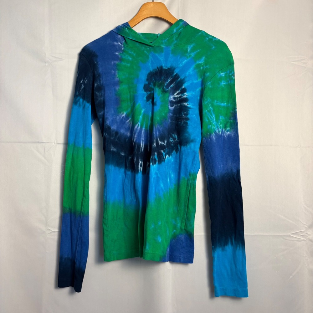 American Apparel Womens Blue Green Tie Dye Spiral Long Sleeve Hooded T-Shirt L